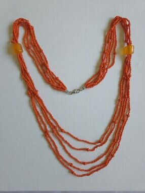 Vintage Multi-Strand Orange Seed Bead Necklace, Chunky Faux Amber Resin Accents